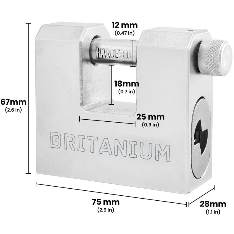 Britanium® BRX74 Heavy Duty Container Lock  with 5 Keys – 12 mm Cut Resistant Shackle, Weatherproof Nickel Plated Body | High Security Padlock for Container, Garage, Shed, Gates 74 mm Silver