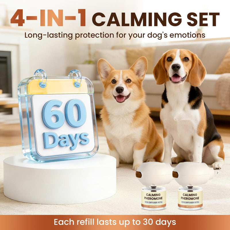 Dog Pheromones Calming Diffuser to Calm Dogs 4 IN 1 Kit (2 Diffusers+2 Refills) Pheromone Plug In for Stress Barking Pee Accidents Chewing Aggression Separation Anxiety Relief 60 Days(Odorless) Odorless