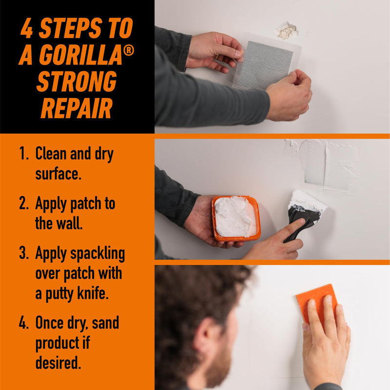 GORILLA Wall Repair Kit, Heavy Duty Spackling Tub, 4 in Patch, 8 Fl Oz (Pack of 2)