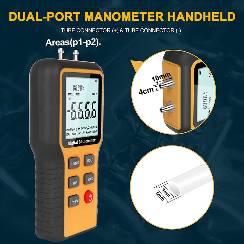 Manometer,Professional Air Pressure Meter Dual-Port Manometer Gas Pressure Tester,12 Selectable Units Differential Pressure Gauge HVAC Gas Pressure Meter(Included Battery) E2-QX1201(±20.68 KPa/士2.999 PSi)
