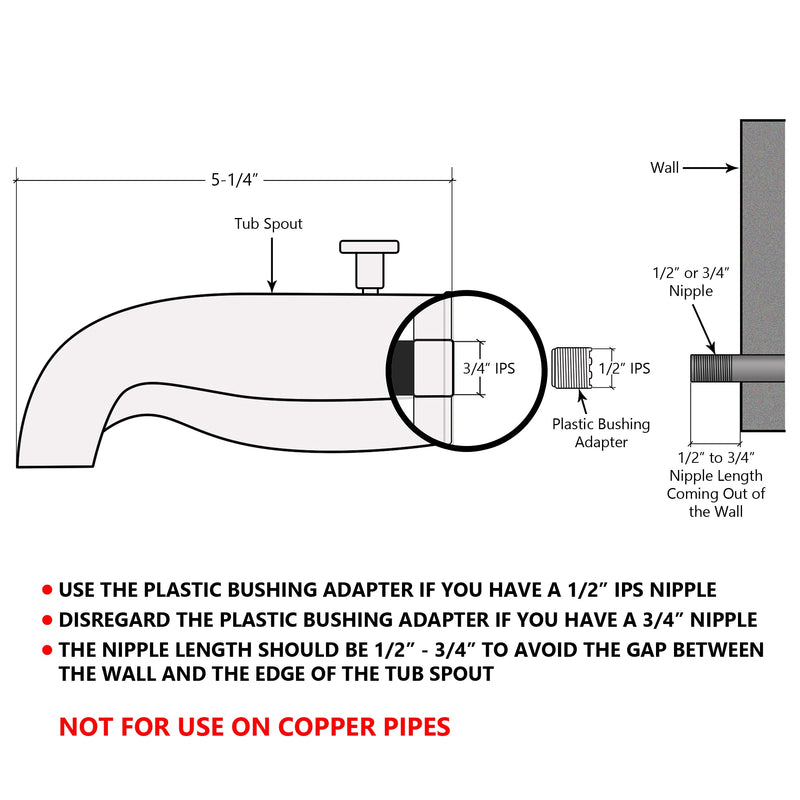 Tub Spout with Push and Pull Diverter, 3/4 inch to 1/2 inch IPS Face Bushing, 5-1/4 inch Length, Chrome Finish