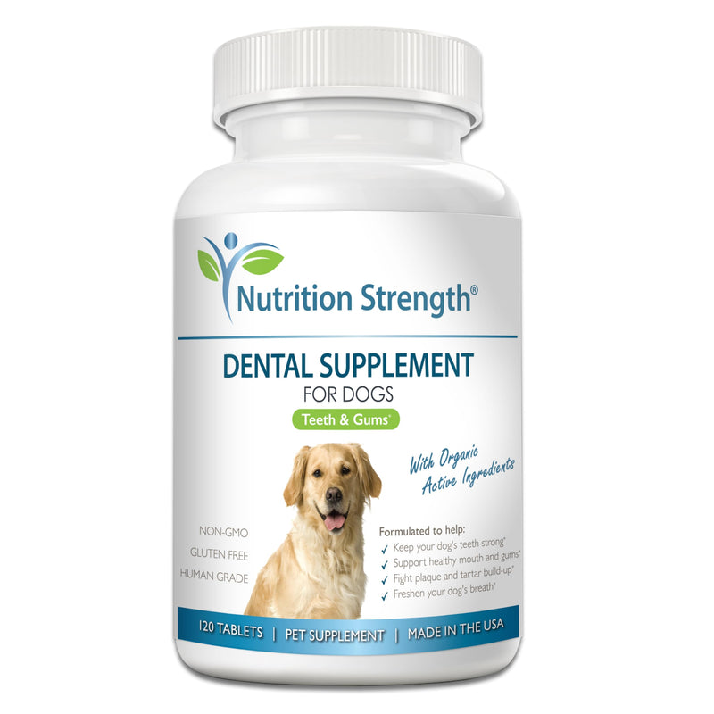 Dental Care for Dogs - Natural Plaque & Tartar Remover for Teeth - Fresh Breath Dog Supplement with Organic Kelp, Strawberry Leaf & Pumpkin Seed for Gum Health - 120 Tablets