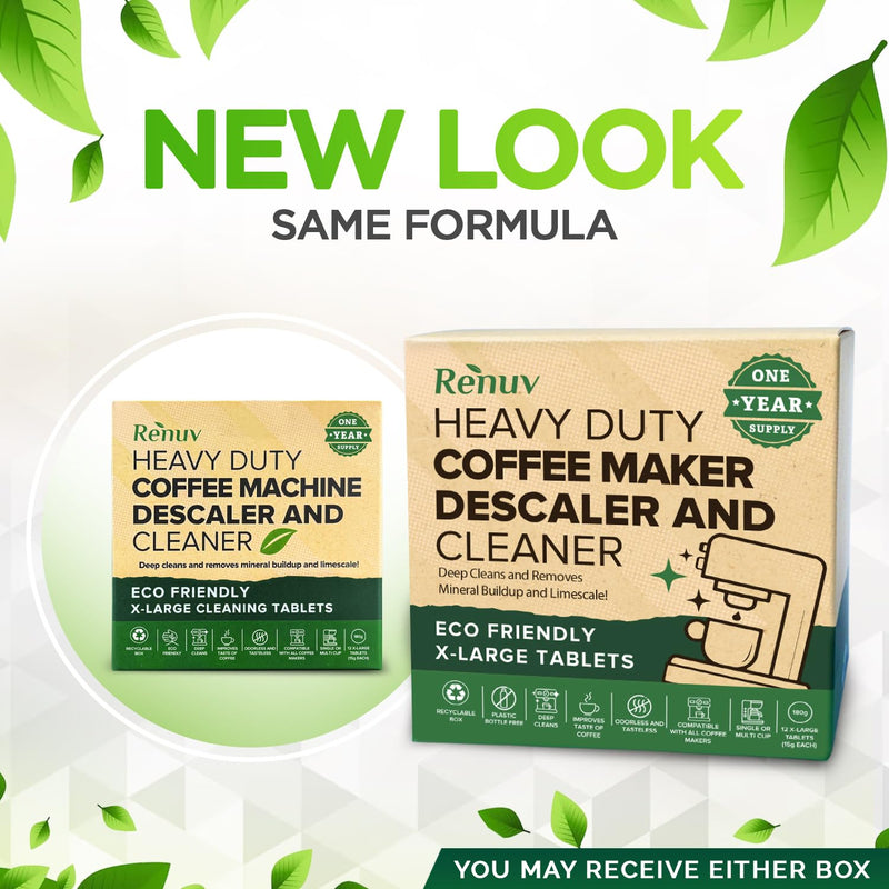 Renuv® Coffee Maker Cleaner & Descaler Tablets, 12 Uses for Keurig, Ninja, Breville, Delonghi, Nespresso, Miele, Jura, Mr Coffee, Cuisinart Descaling Solution for Coffee Pot Maker & Espresso Machines 1 Box (12 Tablets)