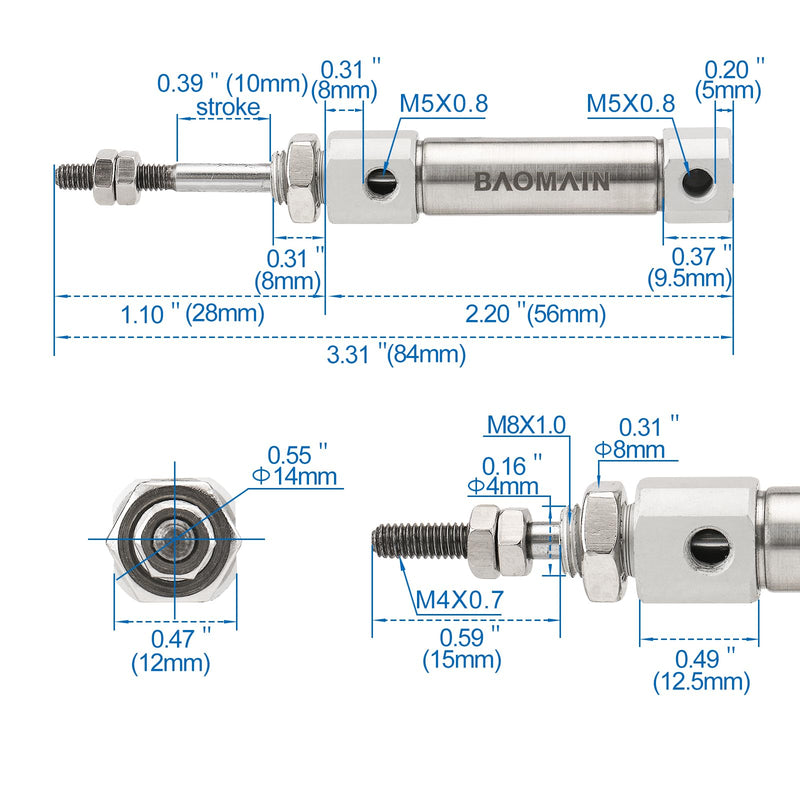 Baomain Air Cylinder CDJ2B 10mm Bore 10mm Stroke Mini Pneumatic M5 Port CDJ2B10-10-B