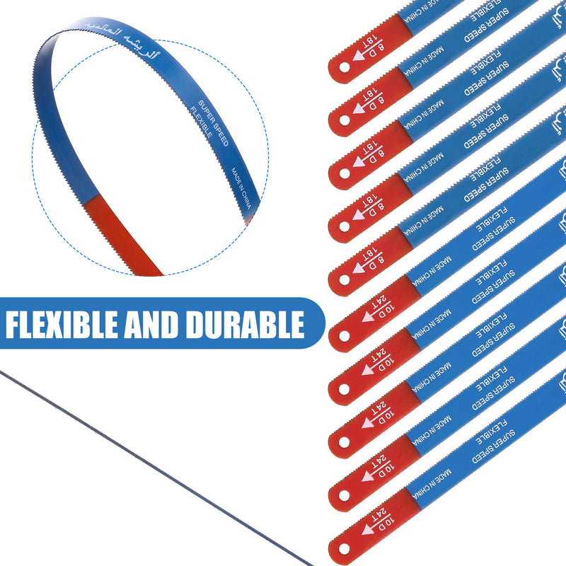 20 Pieces Hacksaw Replacement Blades Metal Cutting Hacksaw Blades with 18 Teeth and 24 Teeth Per Inch Blue Background with Supper Speed Letter