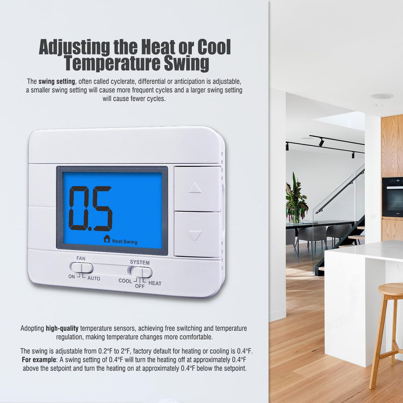 Non Programmable Thermostat for Home 1 Heat/ 1 Cool Single-Stage System, with Room Temperature & Humidity Monitor (LCD Blue Backlit Screen) - NewNest Australia