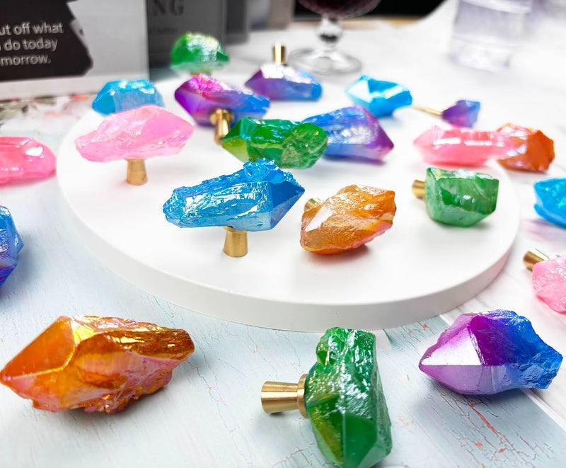 Natural Crystal Stone Cabinet Knobs Decorative Drawer Knobs Handles Gemstone Cupboard Pulls for Home Office Decor Coated Blue 4 Pack