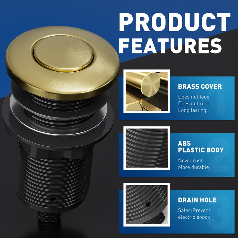 Garbage Disposal Air Switch Kit Sink Top Waste Disposal Long Stainless Steel Black On/Off Air Button Food and Waste Disposals Part, UL Listed Brushed Gold LONG/3.6"