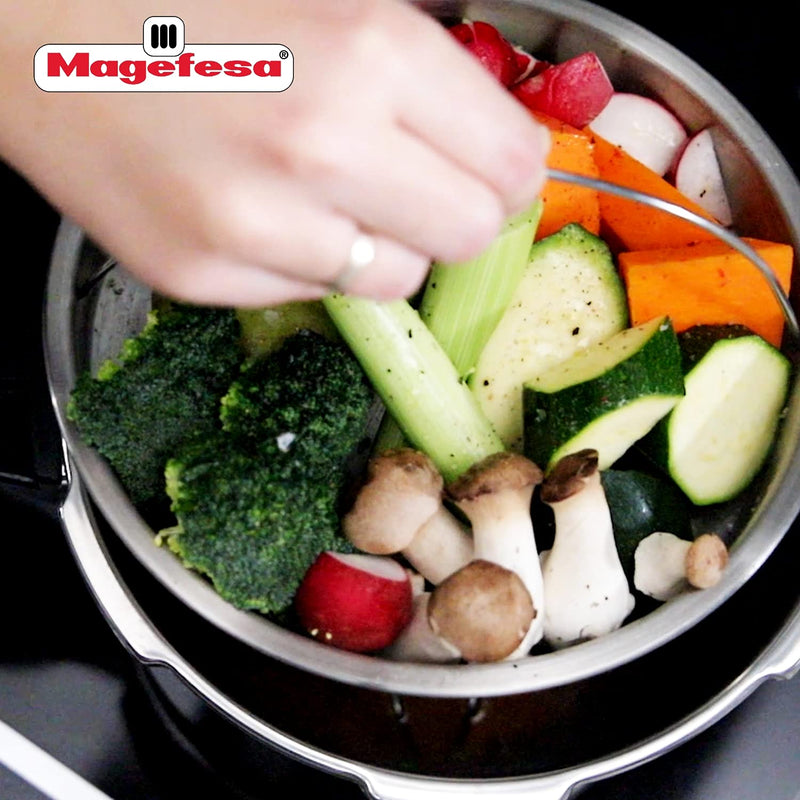 MAGEFESA Stainless Steel Universal Steamer Basket with Tripod, 8-Inch, Dishwasher Safe, Compatible with 8.7-inch Pressure Cookers and Cookware