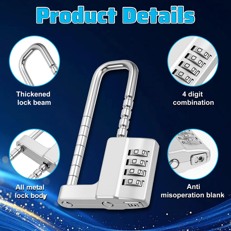 2Pcs 4Digit Combination Cabinet Lock U Shaped Code, Stainless Steel Adjustable Padlock with Code, Waterproof Metal Long Shackle Lock Retractable for Outdoor College Fences Sports Locker Gym