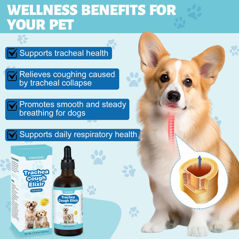 Yakucho Collapsed Trachea Treatment Liquid for Dog, 3.4 FL OZ Trachea Cough Elixir, Herbal Throat & Airway Comfort Formula for Dogs, Daily Respiratory Wellness Support, Easy to Administer