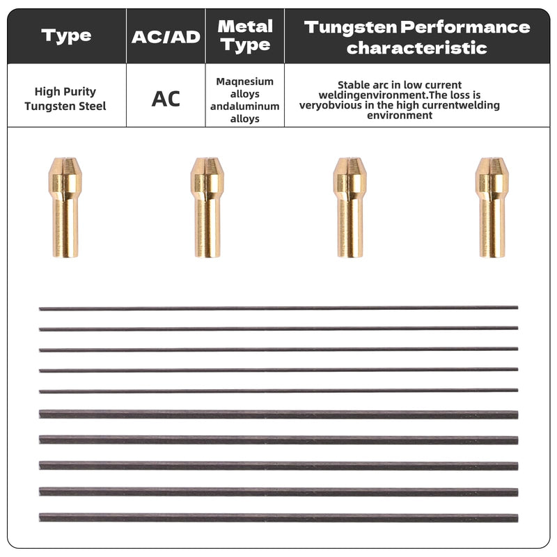 Tig Welding Tungsten Electrodes Set with 4 Wedge Collet Adapter and 0.5mm 1mm Diameter Filler Rods for Jewelry Making Metalwork DIY Repair