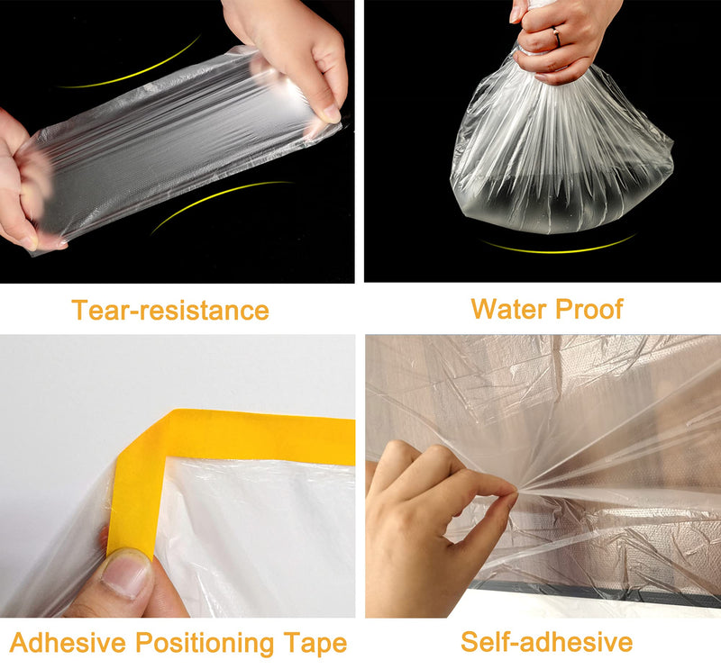 Muf 9 x 65 Feet Plastic Drop Cloth Plastic Sheeting with Masking Tape,Waterproof Protective Masking Film,Prevent Dust Paint for Car,Furniture,Carpet,Floor,1 Pack 1 9 × 65 feet