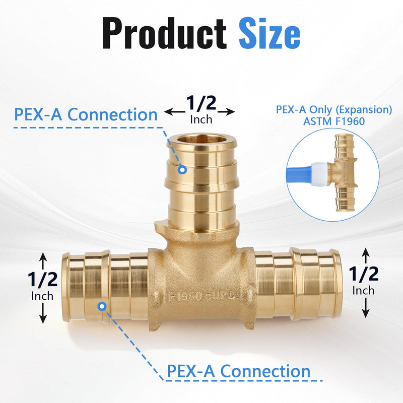 (10-Pack YVSKM) 1/2" PEX-A Tee Expansion Fitting, Lead-Free Brass Full Flow Connector, ASTM F1960 & cUPC Certified for Residential Hot & Cold Water and Radiant Heating Systems 1/2 Inch 10-Pack