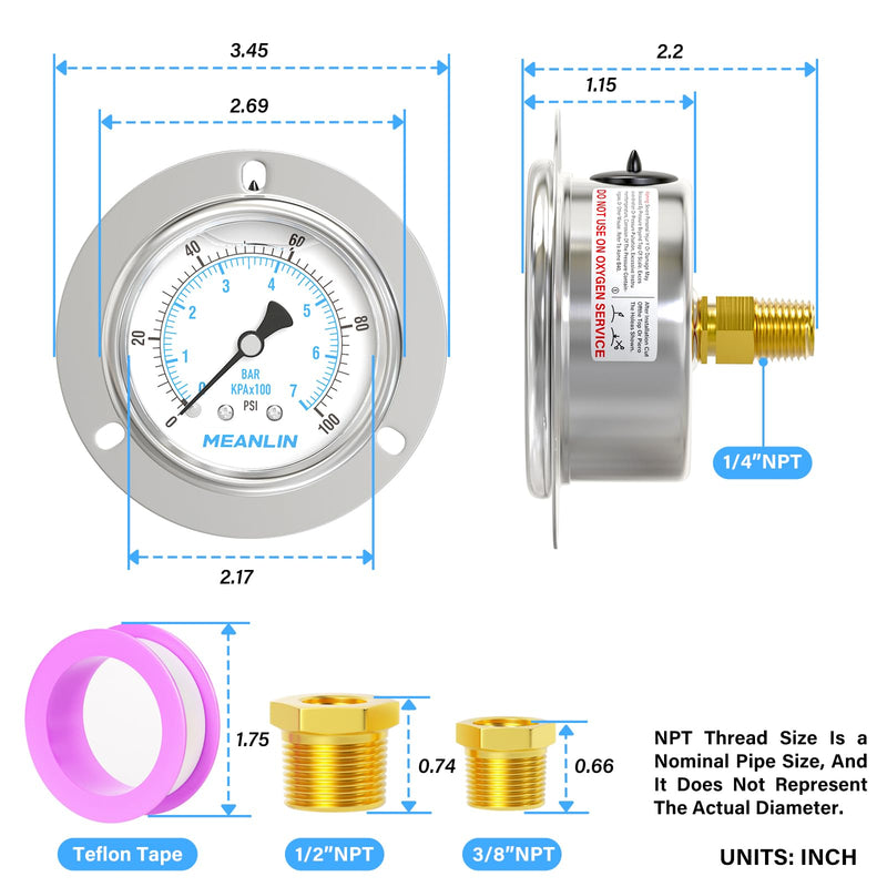 MEANLIN MEASURE 0~100Psi Liquid Filled Pressure Gauge Front Flange Panel Mount, 1/4" NPT 2.5" FACE DIAL Stainless Steel Case with Phillips Screw and Nut, +/-3-2-3%