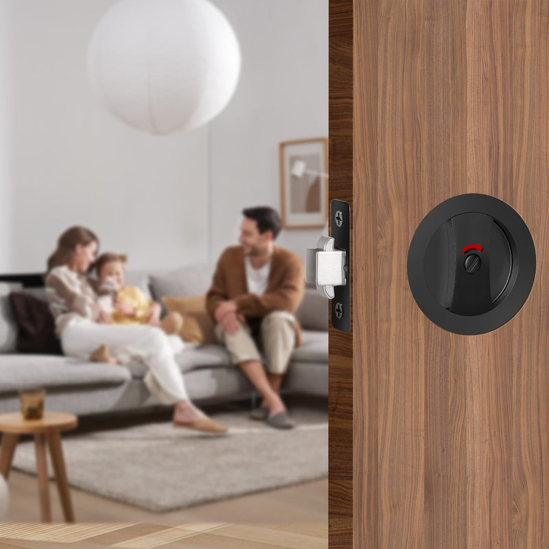 Matte Black Pocket Door Hardware with Indicator, Contemporary Privacy Round Pocket Door Lock, Heavy Duty Flush Pocket Door Hardware for Bathroom, 2-3/8" Backset, Matte Black Privacy with Indicator