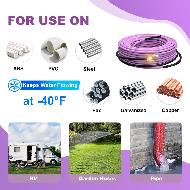2FT Pipe Heat Cable for Pipe Freeze Protection Water Pipes Self-Regulating Heating Cable for water pipes Keeps Water Flowing at -40°F 2 Feet