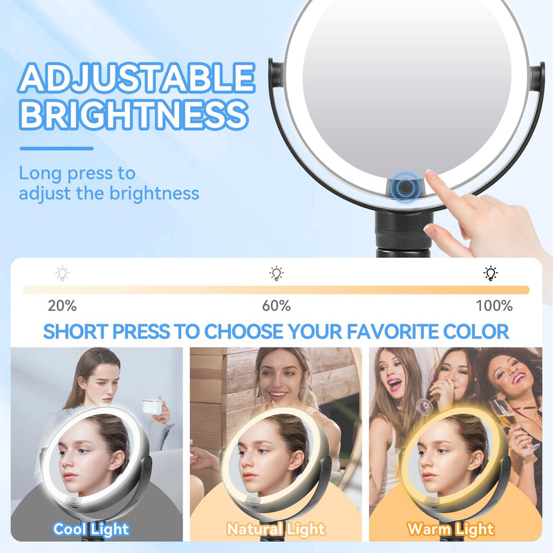 KOOKIN Travel Makeup Mirror with Lights and Magnification 1X/10X, Lighted Makeup Mirror, Rechargeable, 3 Color Lighting, Dimmable, 360° Rotation, Double Sided, Hanging Handheld Mirrors (Black) Black
