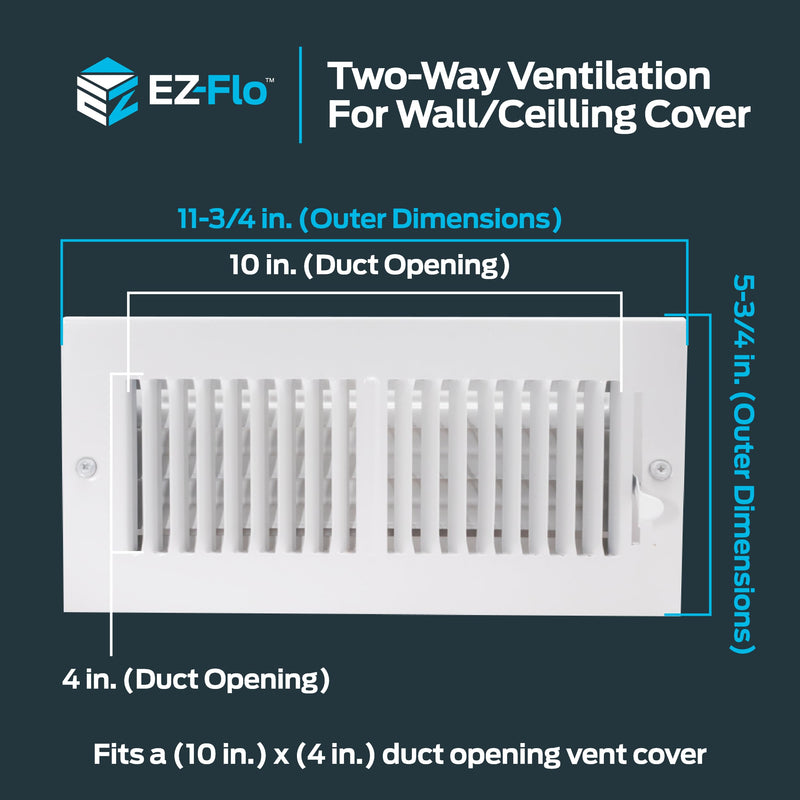 EZ-FLO 10 x 4 Inch (Duct Opening) White Air Vent Cover for Wall or Ceiling, Two-Way Ventilation Register, 11-3/4 Inch x 5-3/4 Inch (Overall Dimensions), Solid Steel HVAC Cover, 61609 10 in. x 4 in. - NewNest Australia