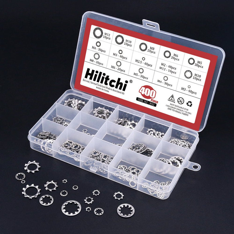 Hilitchi 400-Pcs [8-Size] 304 Stainless Steel External Internal Tooth Star Lock Washers Assortment Kit - Included: M2 M3 M4 M5 M6 M8 M10 M12 Internal + External