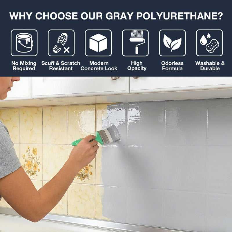 Tub and Tile Refinishing Kit - Light Gray Water-Based Polyurethane Paint - Odorless DIY Resurfacing for Floor Tiles, Countertops, Vanities & Shower Walls - No Mixing, Scuff-Resistant & Washable Semi-Gloss Finish (Modern Concrete Look) (16 oz)