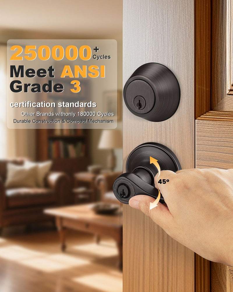 Gobrico Front/Exterior Door Lever Lockset with Single Cylinder Deadbolt, 1 Pack Keyed Alike Oil Rubbed Bronze Combination Handle Set, Entry Door Lockset with Deadbolt