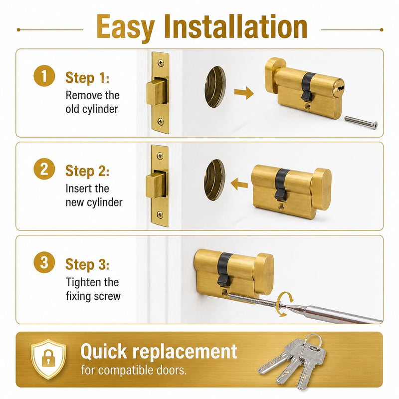 65mm Euro Profile Lock Cylinder with 3 Keys, 27.5/10/27.5 Single Open Brass Door Lock Cylinder, Anti-Rust Corrosion Resistant Anti-Theft Replacement Cylinder for Wood, Metal, Satin Brass