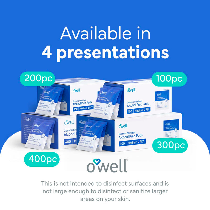 OWELL Alcohol Wipes, Individually Wrapped Alcohol Wipe, Medical & Professional Sterile Alcohol Prep Pads, Medium 2-Ply Medical Alcohol Pad for Cleaning Skin, First Aid Kit Alcohol Swabs (100 Count) Medium (Pack of 100)
