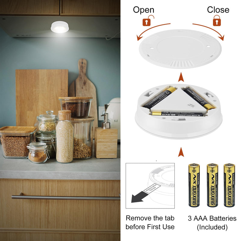 LUXSWAY LED Puck Lights Tap Lights, Battery Operated Mini Push Lights, LED Under Cabinet Lighting, Stick on Lights, Kitchen Closet Counter Night Lights (Included 18 AAA Batteries, 6-Pack, White) WH-6 Pack-Batteries Included
