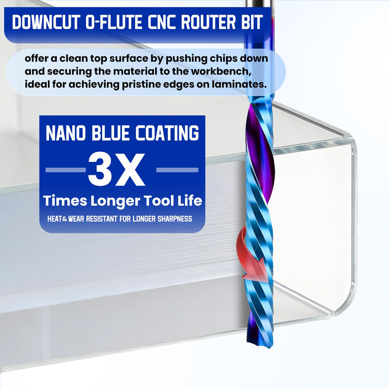 HQMaster 10pcs Down Cut O Flute CNC Router Bits, 1/8 Inch Shank Single Flute End Mill, Nano Blue Coated CNC Bit for Wood, MDF, PVC, Acrylic, Aluminum, Plasitc (1/8“ x 1/8" x 1" x 2") 1/8“ x 1/8" x 1" x 2"