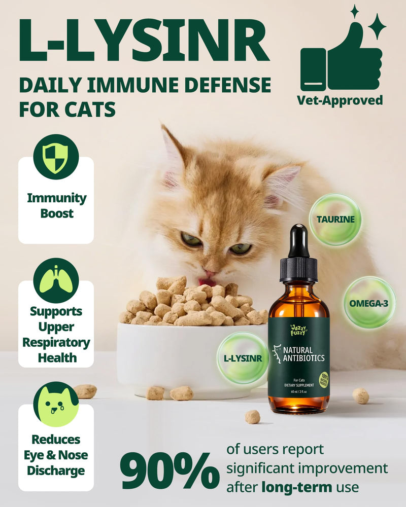 Antibiotics for Cats with L-Lysine & Taurine, Natural Cat Antibiotic Supplement for Immune Support & Allergy Relief, Respiratory Health, Sneezing & Runny Nose, for All Cats, Chicken Flavor, 2 Oz