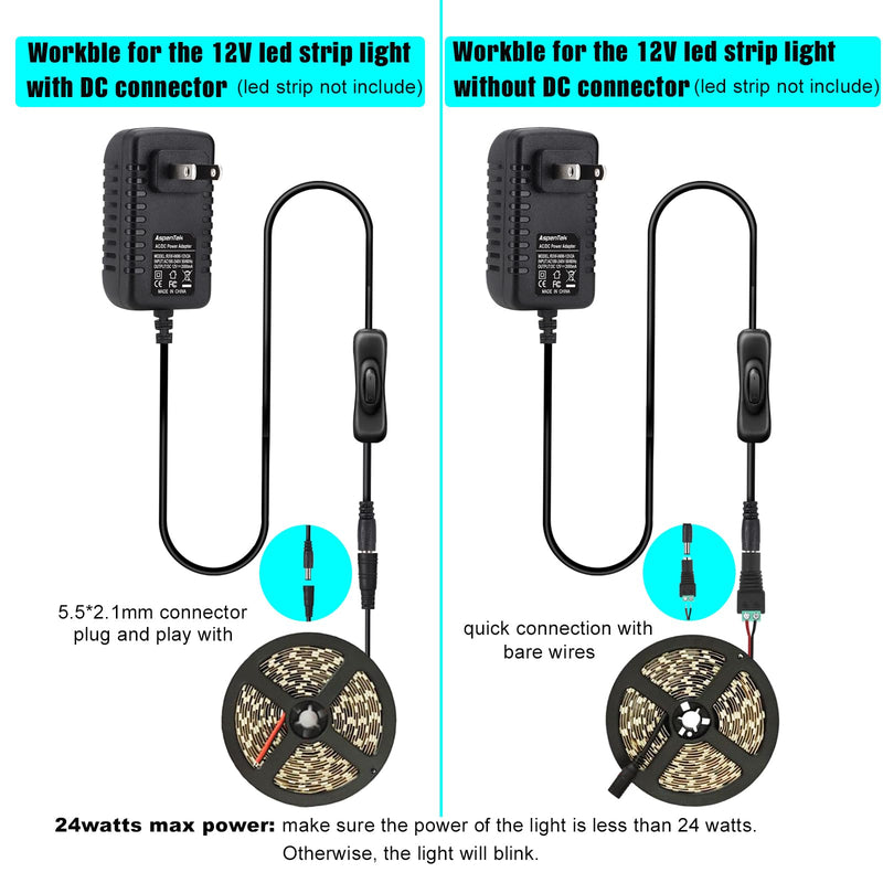 12V Power Supply with Switch for Led String Light, Led Strip Light, Neon Sign, Under Cabinet Lighting, DC 12V CCTV Camera,Output 2A, 24 Watt Max