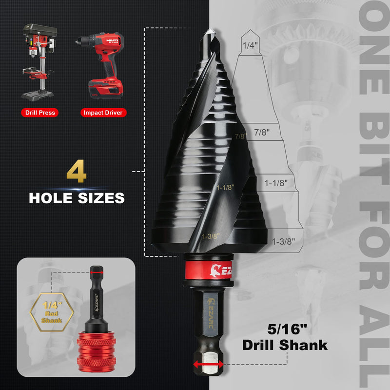 EZARC Step Drill Bit for Metal (1/4"- 1-3/8")，M35 Cobalt Step Drill Spiral Flute Unibit Wear-Resistant AlTiN Coated, 5/16" Thickened and 1/4" Hex Shank for Stainless Steel, Aluminum, Plastic 1/4"- 1-3/8"