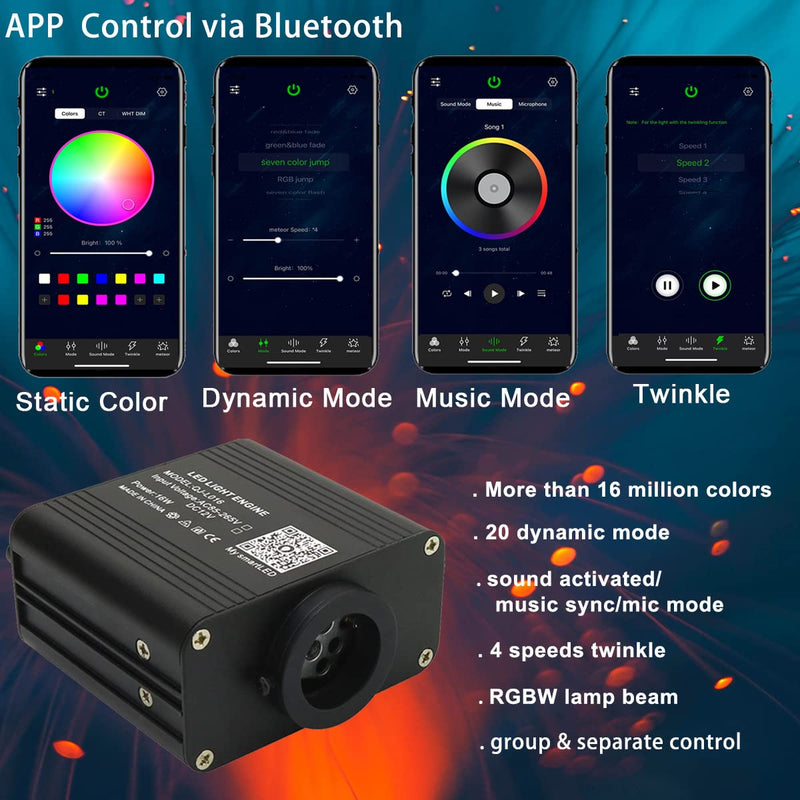 AZIMOM Small Size Updated 16W Twinkle& Sound Activated Fiber Optic Light Source RGBW Light Box Engine Diver APP/Remote Control Music Sensor Mode for Car Home Star Ceiling Light Effect Decoration 16W Twinkle（Small Size）