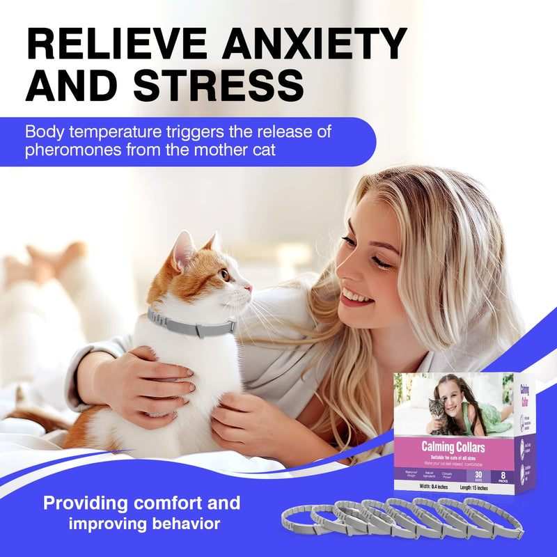 Calming Collar for Cats 8 PK Cat Stress and Anxiety Relief Pheromone Collar for Cats Anti Aggression for Cats Cat Meowing Stopper Cat Calming Collars for 30 Days Adjustable Waterproof Rapid Effect Grey