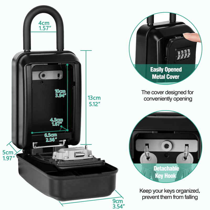 HUANLANG Key Lockbox for Outside,Spare Key Lock Box for Door Handle Waterproof 4 Digit Combination Resettable Code,Upgraded Large Capacity Heavy Duty Lockbox for House Keys, Car Keys, ID Cards Hang Ring-Black