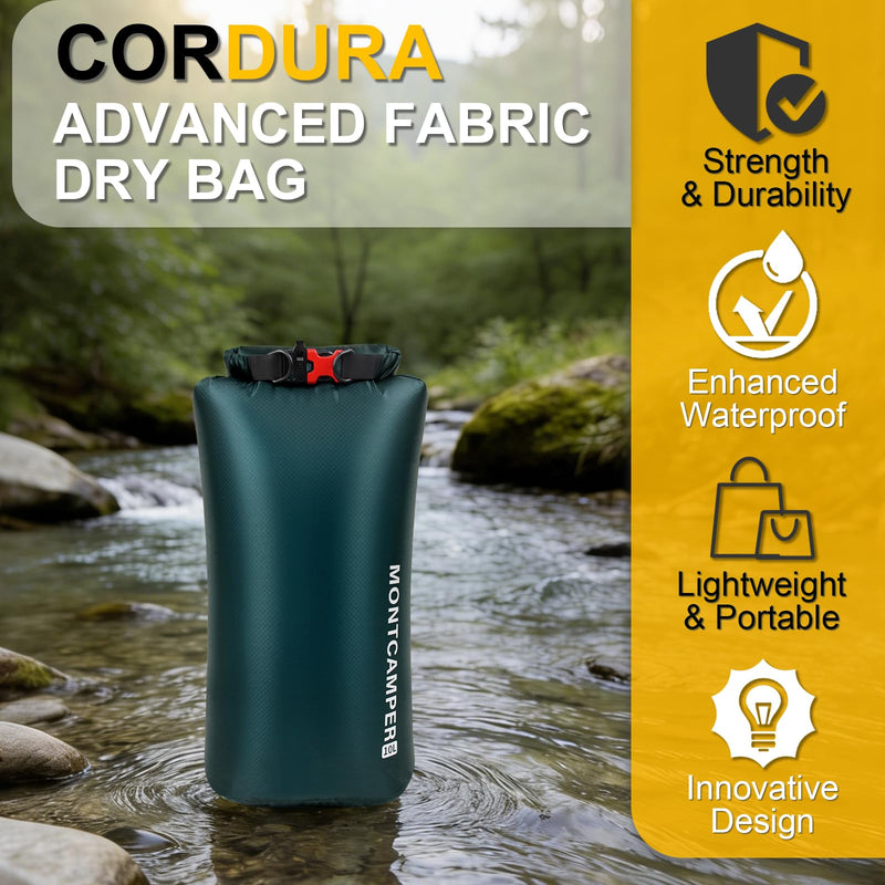 CORDURA Waterproof Dry Bag 10L – Heavy Duty IPX6 Roll Top Sack with Survival Whistle for Kayaking, Camping, Boating, Beach – Lightweight Dry Backpack (Dark Green) Dark Green