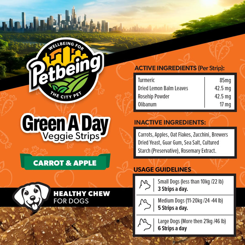 Green A Day Veggie Strips for Dogs | Carrot & Apple Vegetarian Supplement Chews | Healthy Fruit & Vegetable Treats | 4 Pack, 3 oz Bags Carrot, Apple