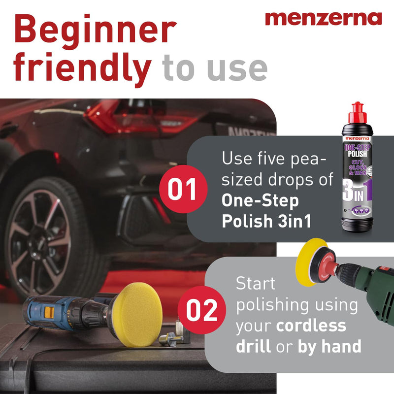 menzerna 3in1 Polishing Set – One-Step Polish (8oz) + Drill Machine Adapter + Medium Cut Pad | Polish Your Car with a Cordless Drill Adapter Set
