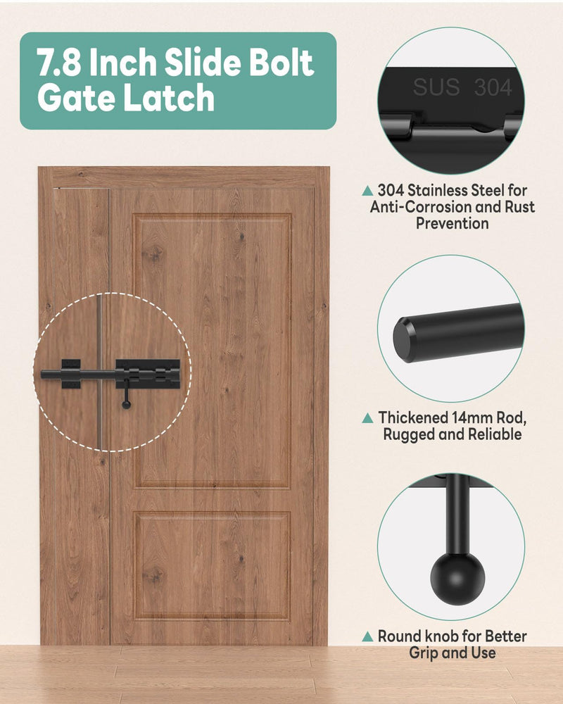304 Stainless Steel Slide Bolt Gate Latch, 8-Inch Sliding Barrel Bolt Door Lock, Heavy Duty Ground Latches Hardware for Wooden Shed Barn Doors, Gate, Outdoor Fence, Yard (Black-2pcs 8inch) Black-2pcs 8inch
