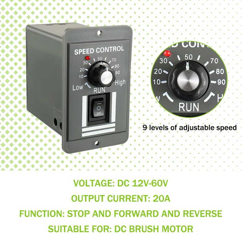 DC 12-60V Motor Speed Controller 20A Adjustable PWM Controller Switch Forward/Reverse Electric Motor Speed Regulator Suitable for DC Brush Motor