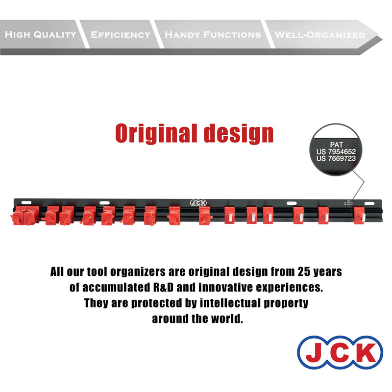 JCK Garage Tool Organizer Wall Mount, 5 Pair Clips and 6 Hooks | Aluminum wall rail with 5 PA66 clip pairs and 6 stainless steel hooks for garden tools, wrenches, garages, and workshops. Multi-Purpose Tool Organizer