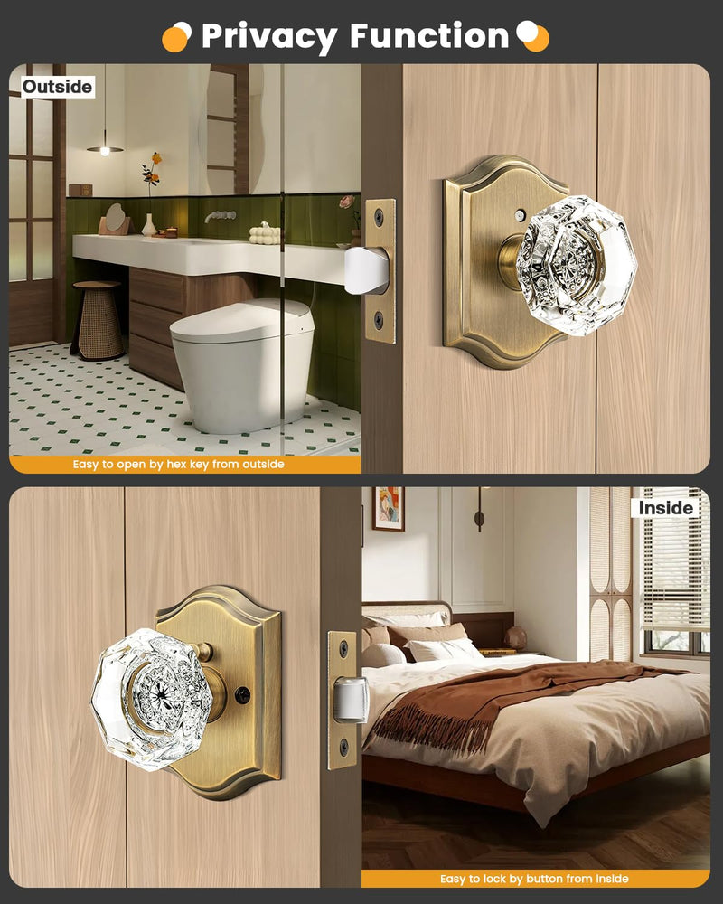 Gobrico Transparent Glass Door Knobset Interior,Privacy Diamond Crystal Door Lockset in Antique Brass,Keyless for Interior Bath/Bed,Push Pin Button Inside Lock?1 Pack 1