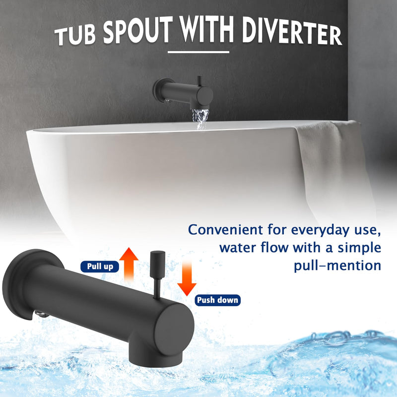 Slip on Extra Long Tub Spout with Diverter Universal Tub Diverter Spout for 1/2" Copper Water Pipe, Matte Black