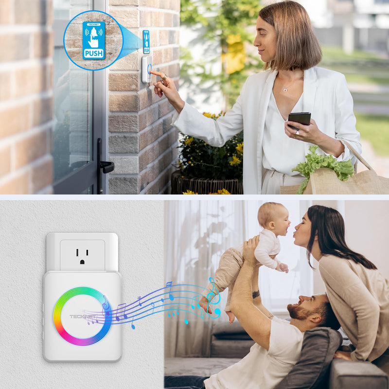TECKNET Wireless Doorbell, 0-120dB Door Bell, 1300 ft Wireless Range, IP65 Waterproof Classroom Doorbell, 60 Chimes & 5 Volume Levels, RGB Light for Hearing Impaired 1 button & 1 plug-in receiver White