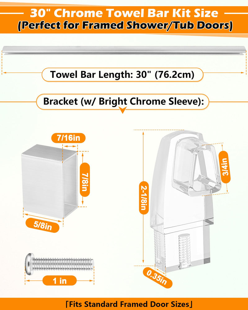 IWIWE 30" Long Chrome Framed Sliding Shower Door Towel Bar Kit - Clear Acrylic Brackets with Bright Chrome Sleeve, Replacement for Alumax/Basco Framed Sliding Glass Shower Door Towel Rod 30" Chrome Towel Bar (w/Clear Brackets)