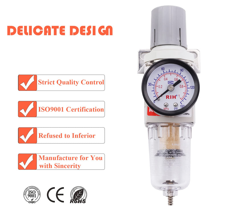 RIH 1/4" NPT Compressed Air Filter Regulator Combo Piggyback, 5 Micron Brass Element, Poly Bowl, Semi-Auto Drain, Metal Bracket, 0-150 psi Gauge Air Tool Compressor Filter with Gauge (1/4" NPT)