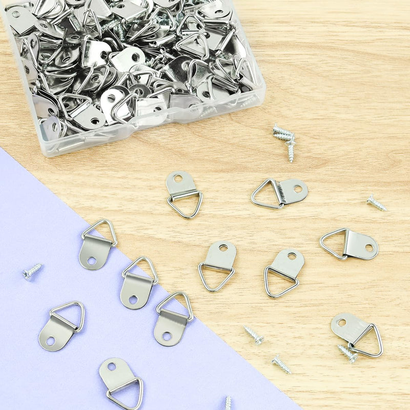 100 Pack Steel Picture Hangers with 100pcs 8mm Screws, Small Triangle Ring, Light Duty D Rings for Clock, Decoration, Mirror, Paintings, Artwork Picture Frame (Silver) Silver