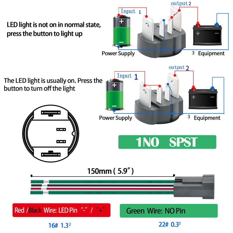 15Amp 12V-24V DC 16mm Latching Push Button Switch IP67 Waterproof SPST with LED Angel Eye Light Stainless Steel 304 On and Off with Wire Socket Pc Power Button Self-Locking 5/8" Latching, 12V-24V Blue