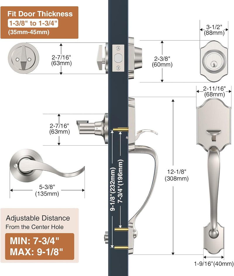 Silver Front Door Handle and Deadbolt Set, Classic Lock With Satin Nickel Exterior Lever, Reversible Entry for Right & Left Handed - NewNest Australia